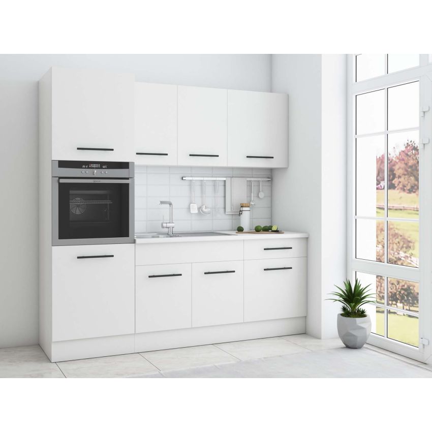 Bucatarie Sofia 200 cm, Alb, Blat termic alb, Corp cuptor incorporabil
