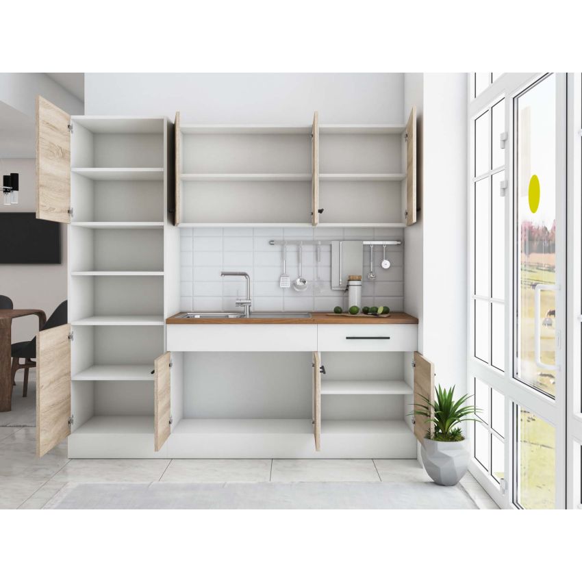Bucatarie Sofia 200 cm, Ssonoma / Alb, Blat termic nuc, Corp cuptor incorporabil