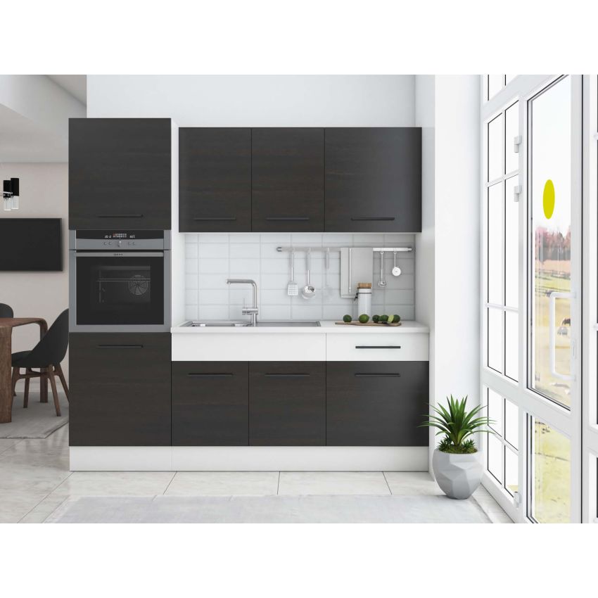 Bucatarie Sofia 200 cm, Wenge / Alb, Blat termic alb, Corp cuptor incorporabil