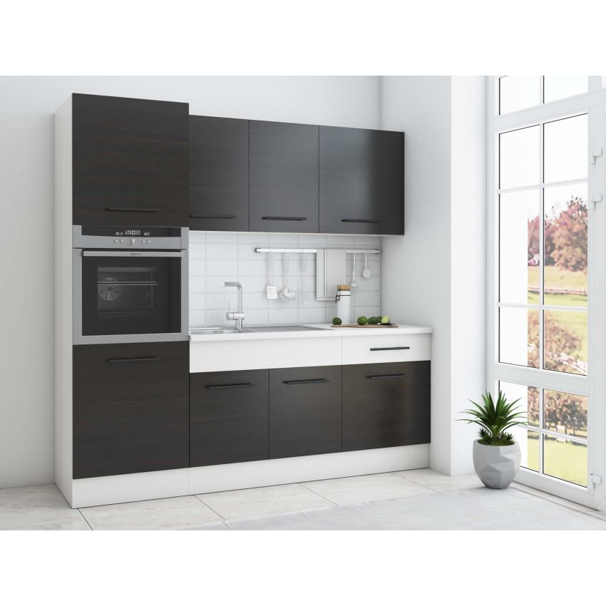 Bucatarie Sofia 200 cm, Wenge / Alb, Blat termic alb, Corp cuptor incorporabil