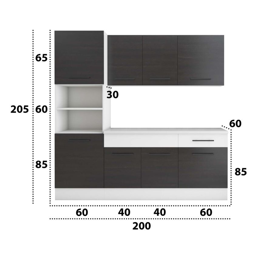 Bucatarie Sofia 200 cm, Wenge / Alb, Blat termic alb, Corp cuptor incorporabil