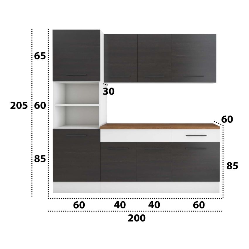 Bucatarie Sofia 200 cm, Wenge / Alb, Blat termic nuc, Corp cuptor incorporabil