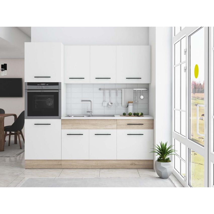 Bucatarie Sofia 200 cm, Alb / Sonoma, Blat termic alb, Corp cuptor incorporabil