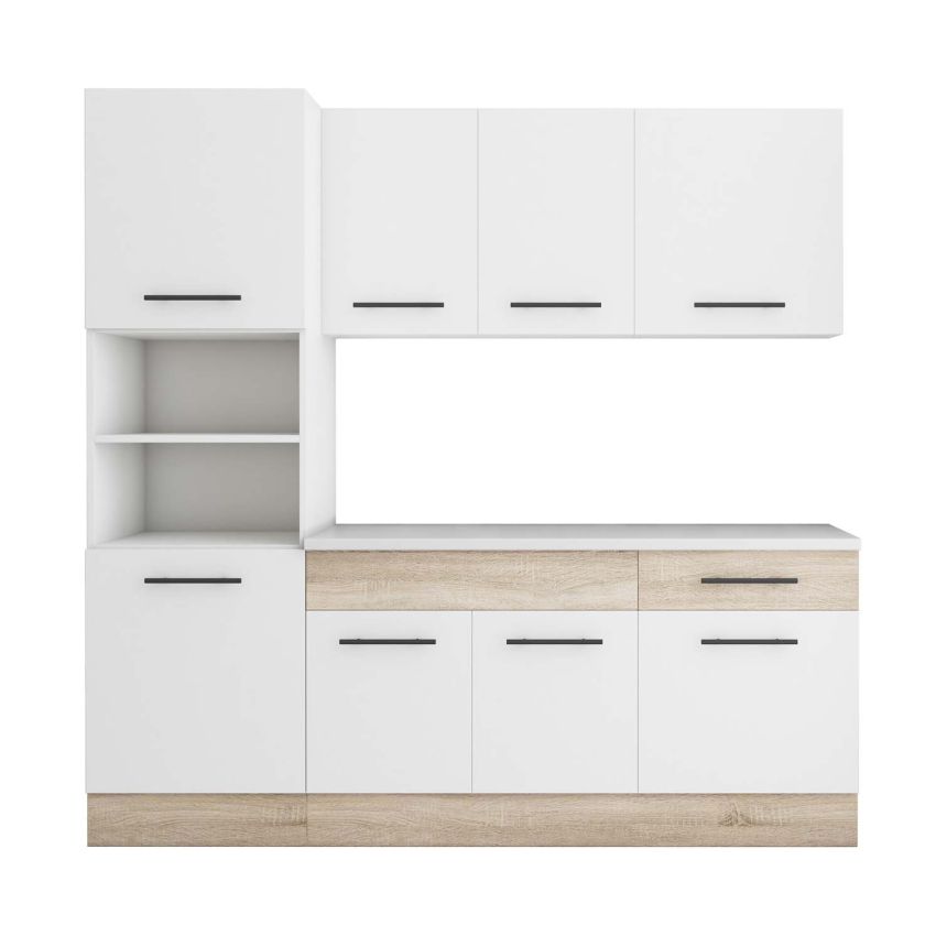 Bucatarie Sofia 200 cm, Alb / Sonoma, Blat termic alb, Corp cuptor incorporabil