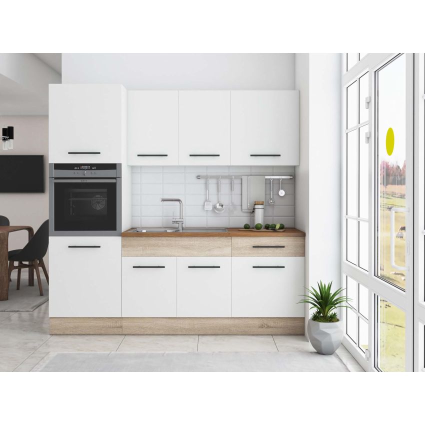 Bucatarie Sofia 200 cm, Alb / Sonoma, Blat termic nuc, Corp cuptor incorporabil