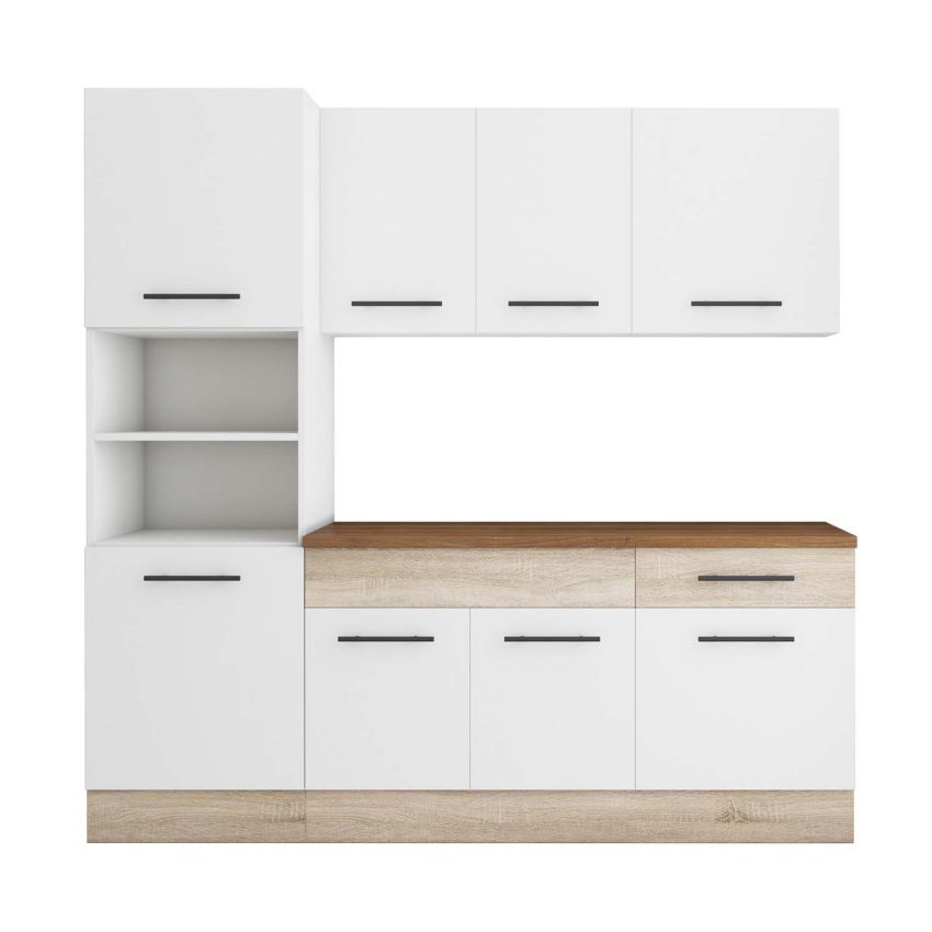 Bucatarie Sofia 200 cm, Alb / Sonoma, Blat termic nuc, Corp cuptor incorporabil