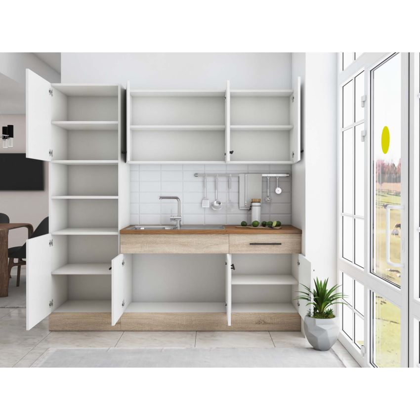 Bucatarie Sofia 200 cm, Alb / Sonoma, Blat termic nuc, Corp cuptor incorporabil