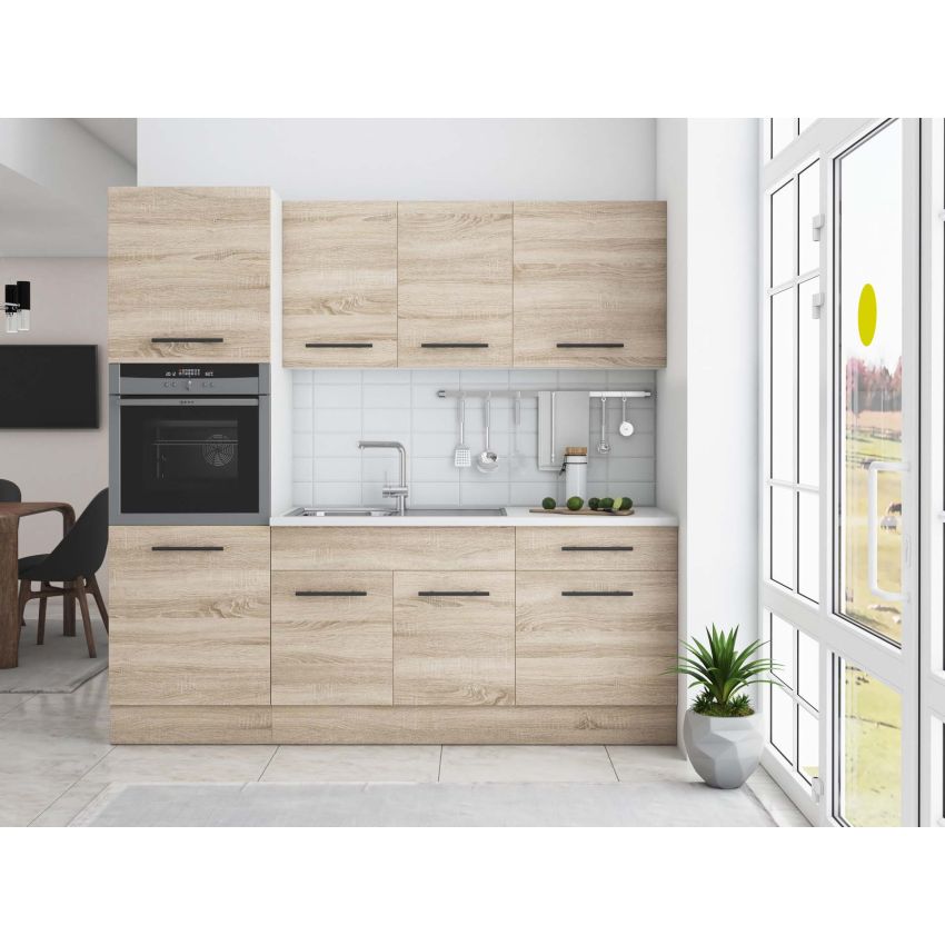 Bucatarie Sofia 200 cm, Sonoma, Blat termic alb, Corp cuptor incorporabil