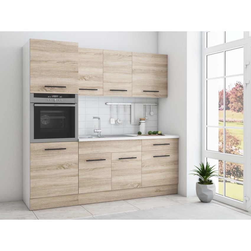 Bucatarie Sofia 200 cm, Sonoma, Blat termic alb, Corp cuptor incorporabil