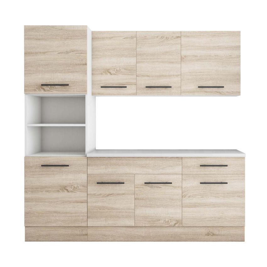 Bucatarie Sofia 200 cm, Sonoma, Blat termic alb, Corp cuptor incorporabil