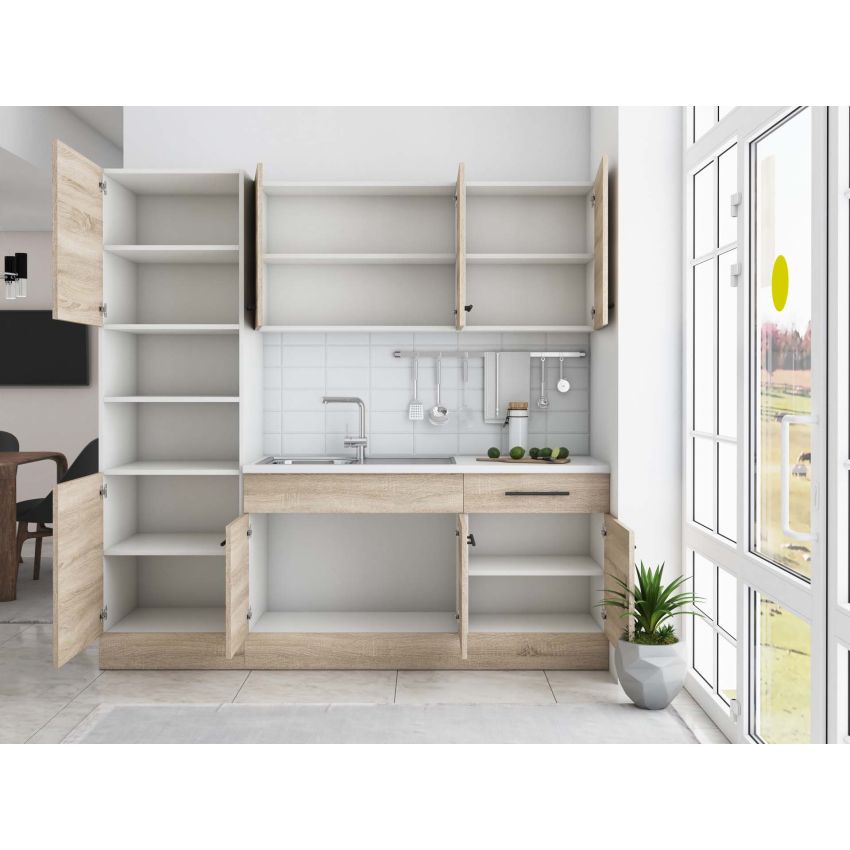 Bucatarie Sofia 200 cm, Sonoma, Blat termic alb, Corp cuptor incorporabil