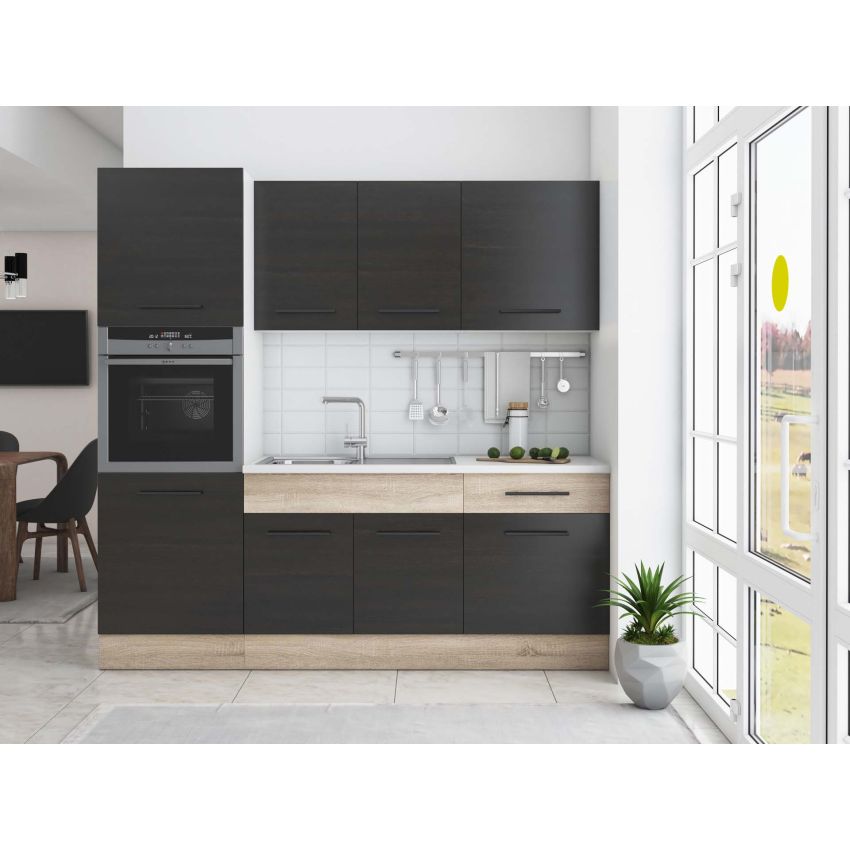 Bucatarie Sofia 200 cm, Wenge / Sonoma, Blat termic alb, Corp cuptor incorporabil