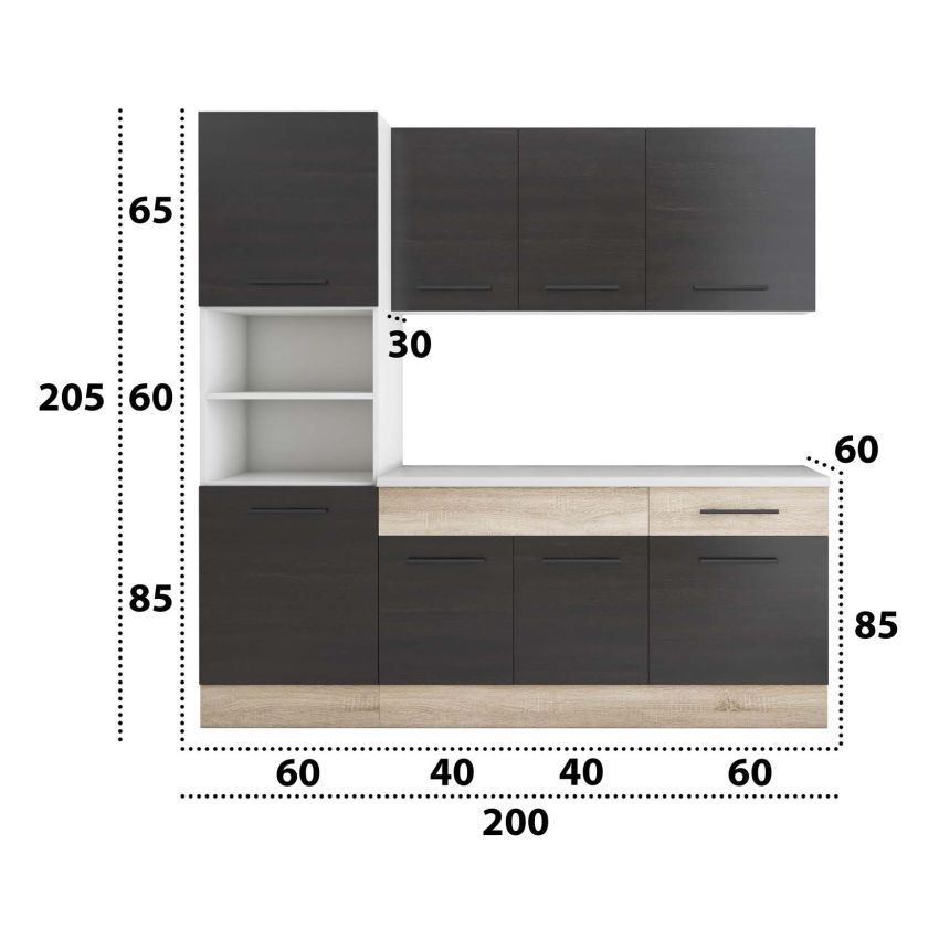 Bucatarie Sofia 200 cm, Wenge / Sonoma, Blat termic alb, Corp cuptor incorporabil