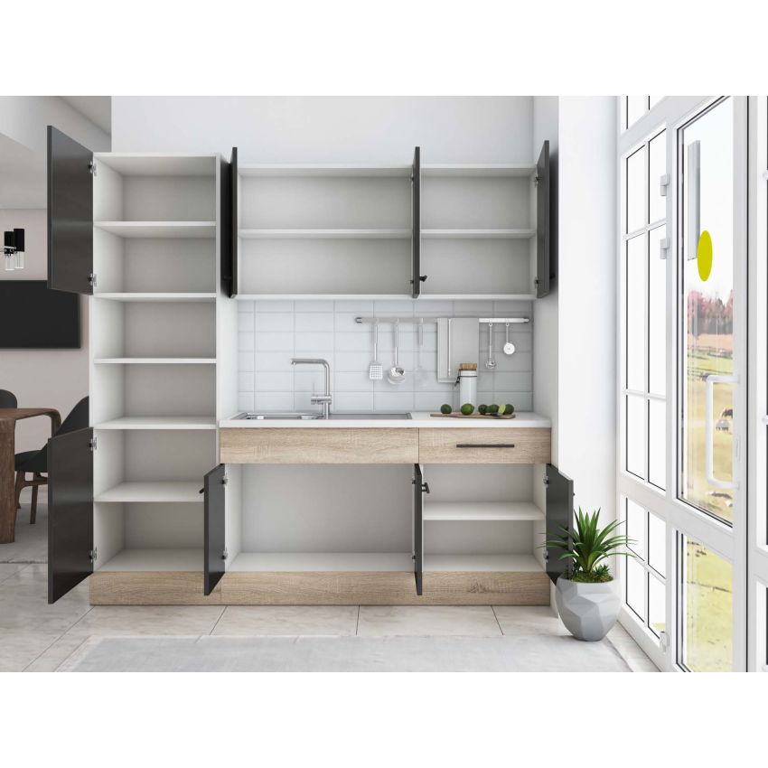 Bucatarie Sofia 200 cm, Wenge / Sonoma, Blat termic alb, Corp cuptor incorporabil