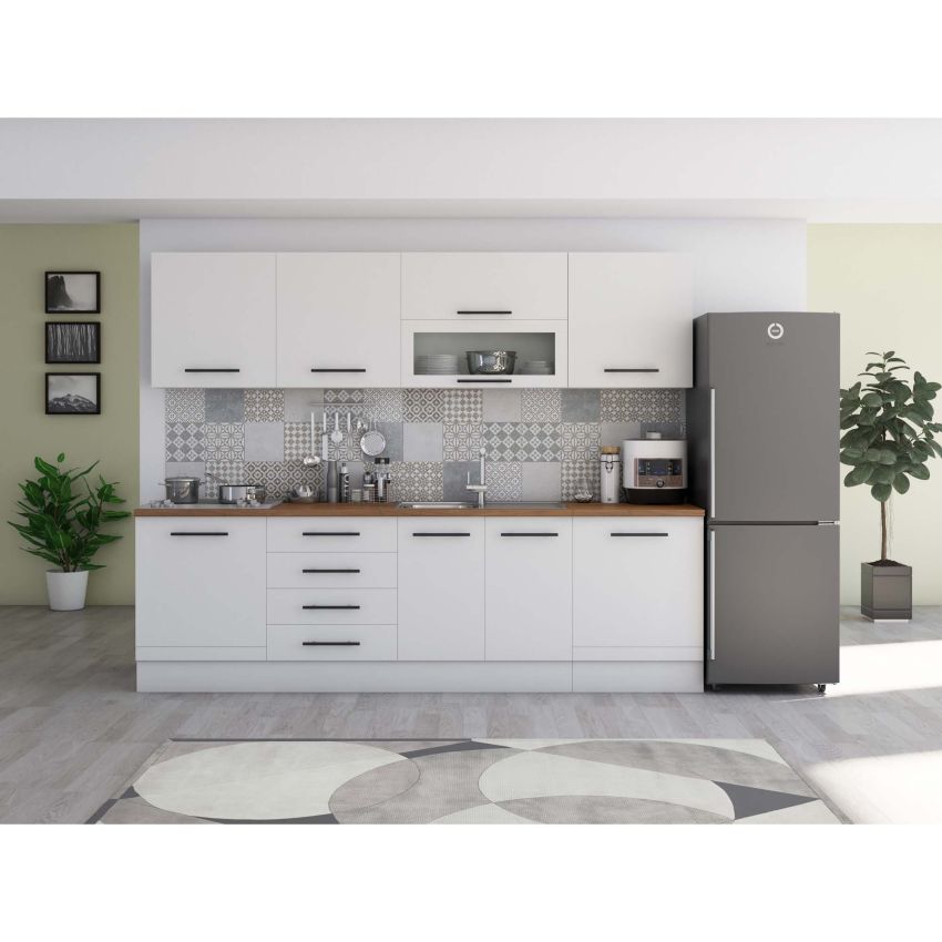 Bucatarie Alfa 260, Cu vitrina, Alb lucios, Blat termic nuc