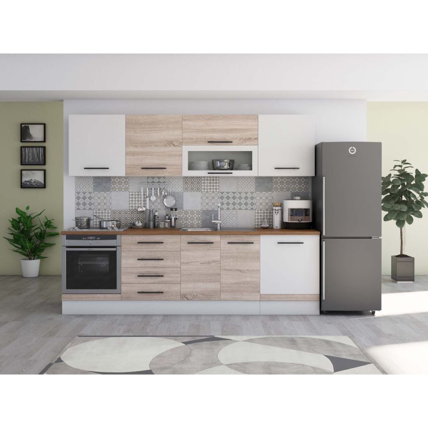 Bucatarie Alfa 260, Cu vitrina, Sonoma/Alb, Blat termic nuc