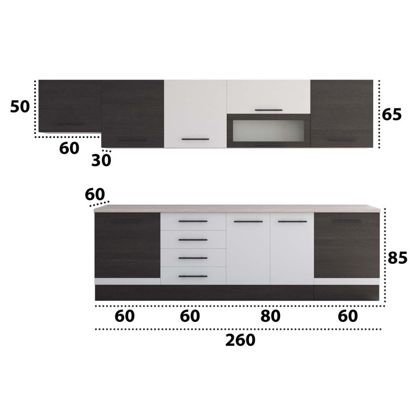 Bucatarie Alfa 320, alb/wenge, blat termic travertin, corp hota