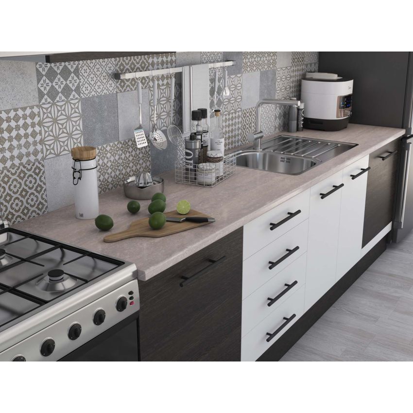 Bucatarie Alfa 320, alb/wenge, blat termic travertin, corp hota