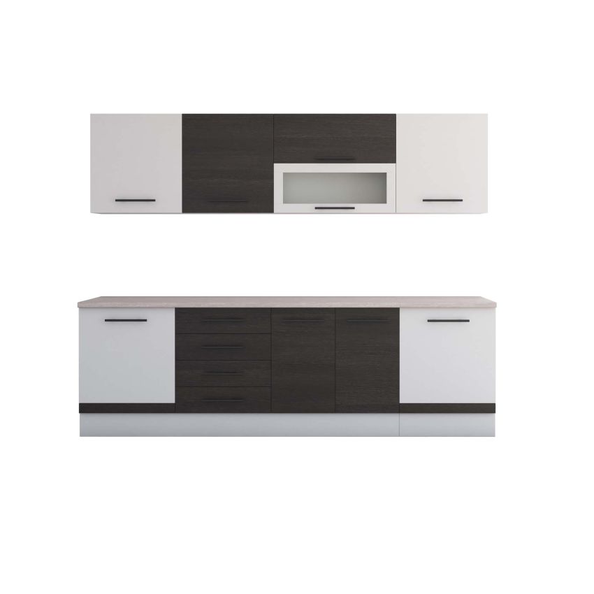 Bucatarie Alfa 260, Cu vitrina, Wenge/Alb, Blat termic travertin