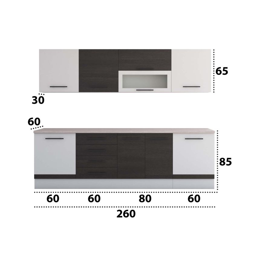 Bucatarie Alfa 260, Cu vitrina, Wenge/Alb, Blat termic travertin