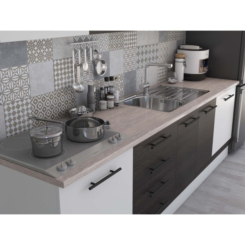 Bucatarie Alfa 260, Cu vitrina, Wenge/Alb, Blat termic travertin