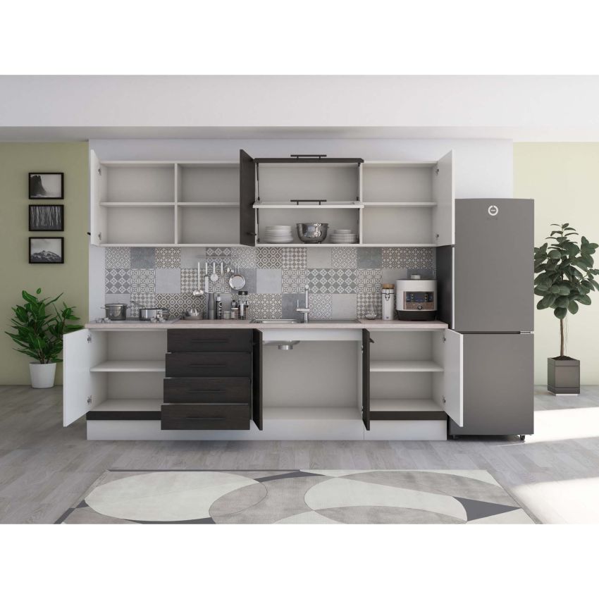 Bucatarie Alfa 260, Cu vitrina, Wenge/Alb, Blat termic travertin