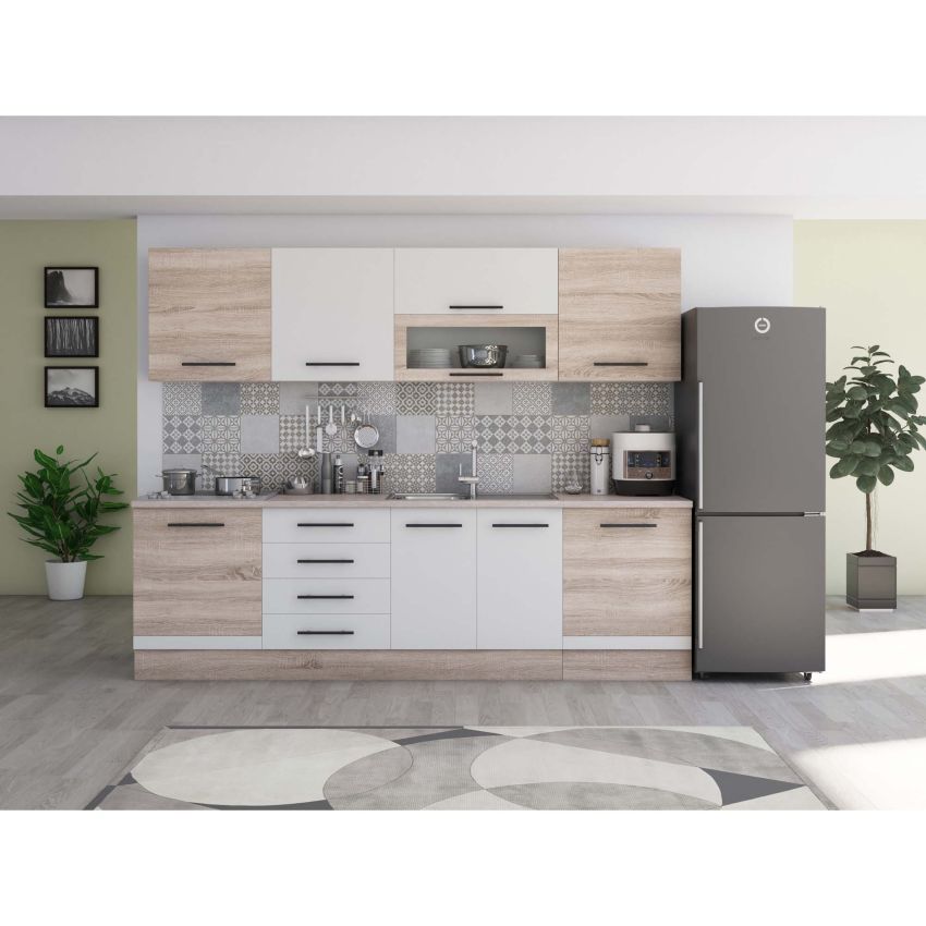Bucatarie Alfa 260, Cu vitrina, Alb, Blat termic travertin