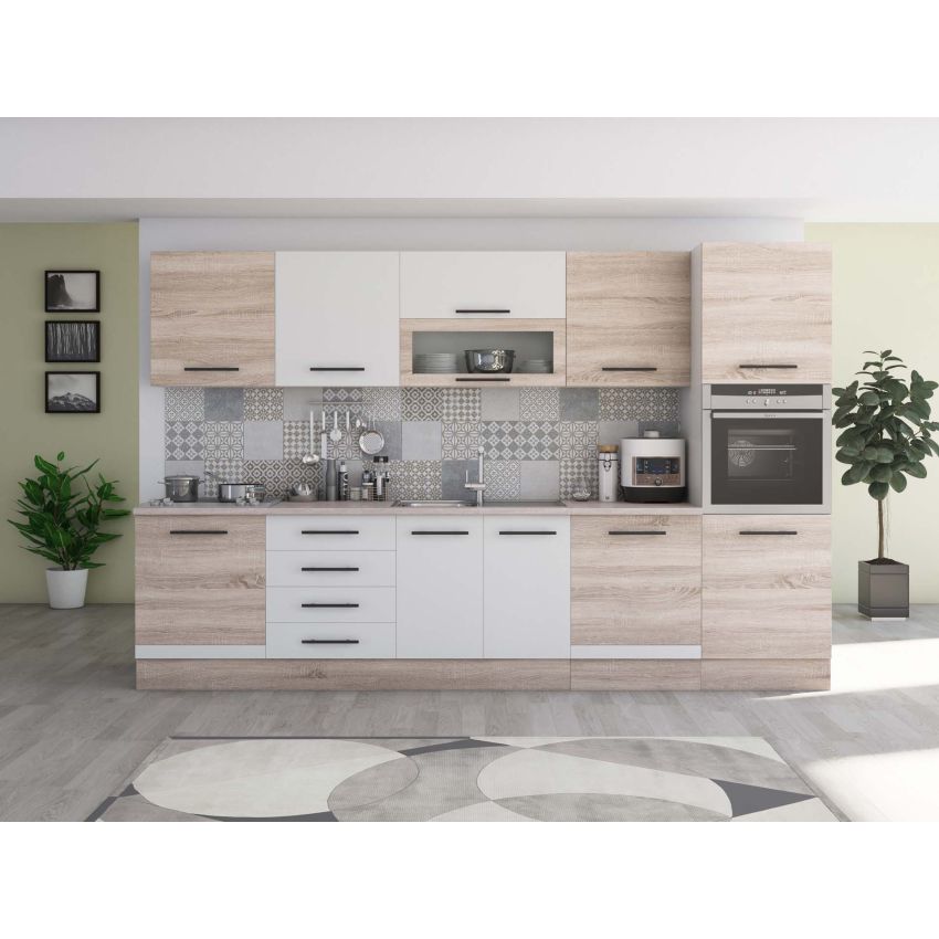 Bucatarie Alfa 320, alb/sonoma, blat termic travertin, corp pentru cuptor incorporabil