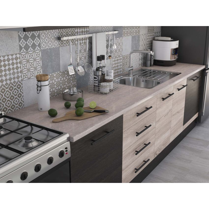 Bucatarie Alfa 320, sonoma/wenge, blat termic travertin, corp hota