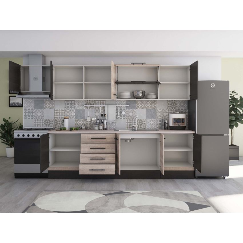 Bucatarie Alfa 320, sonoma/wenge, blat termic travertin, corp hota