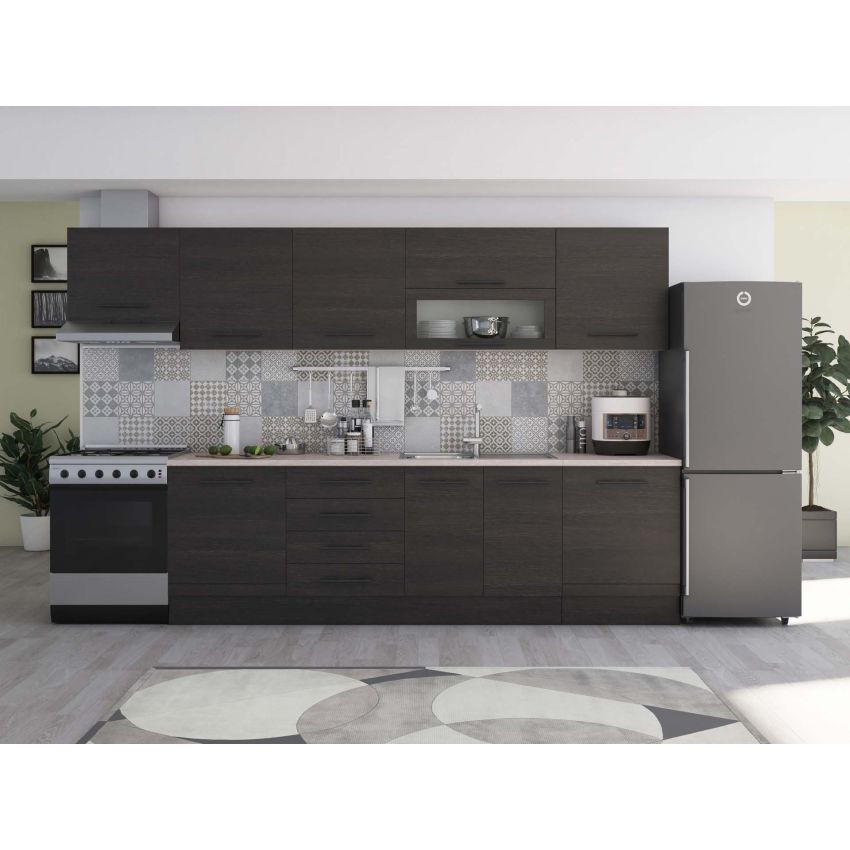 Bucatarie Alfa 320, alb, blat termic travertin, corp hota