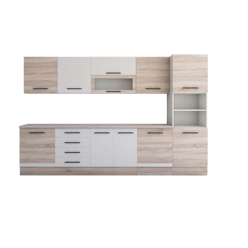 Bucatarie Alfa 320, alb/sonoma, blat termic travertin, corp pentru cuptor incorporabil