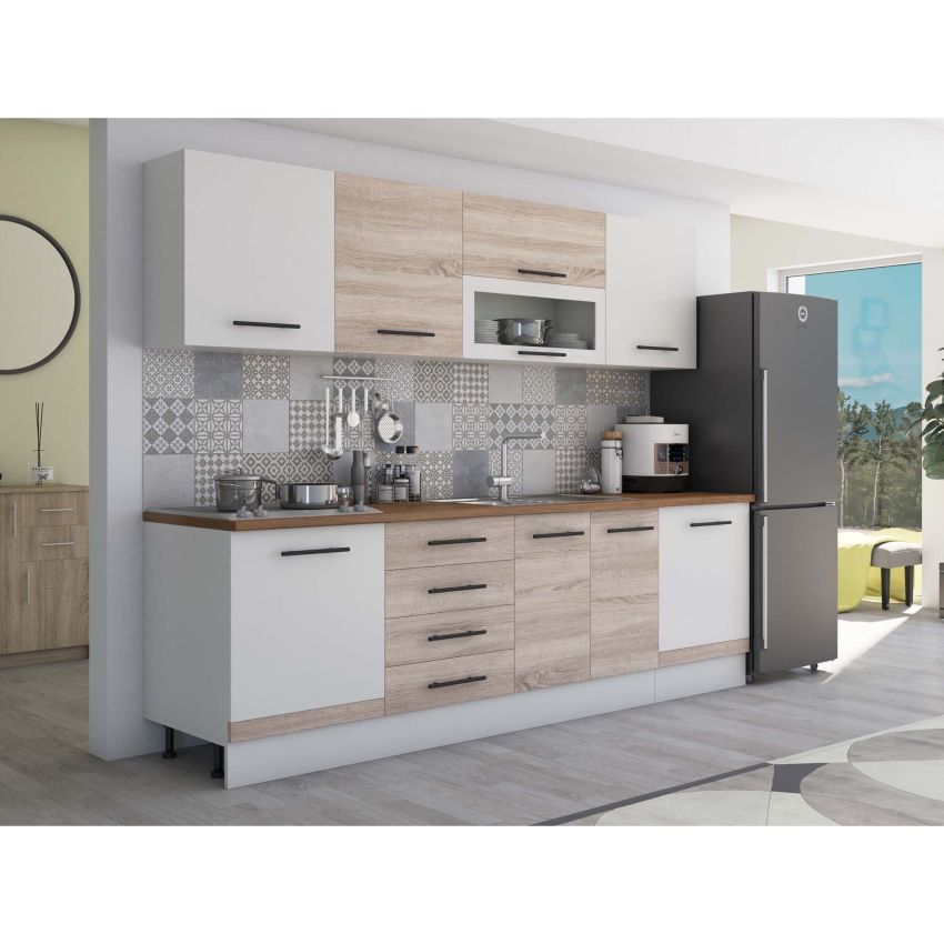 Bucatarie Alfa 260, Cu vitrina, Sonoma/Alb, Blat termic nuc