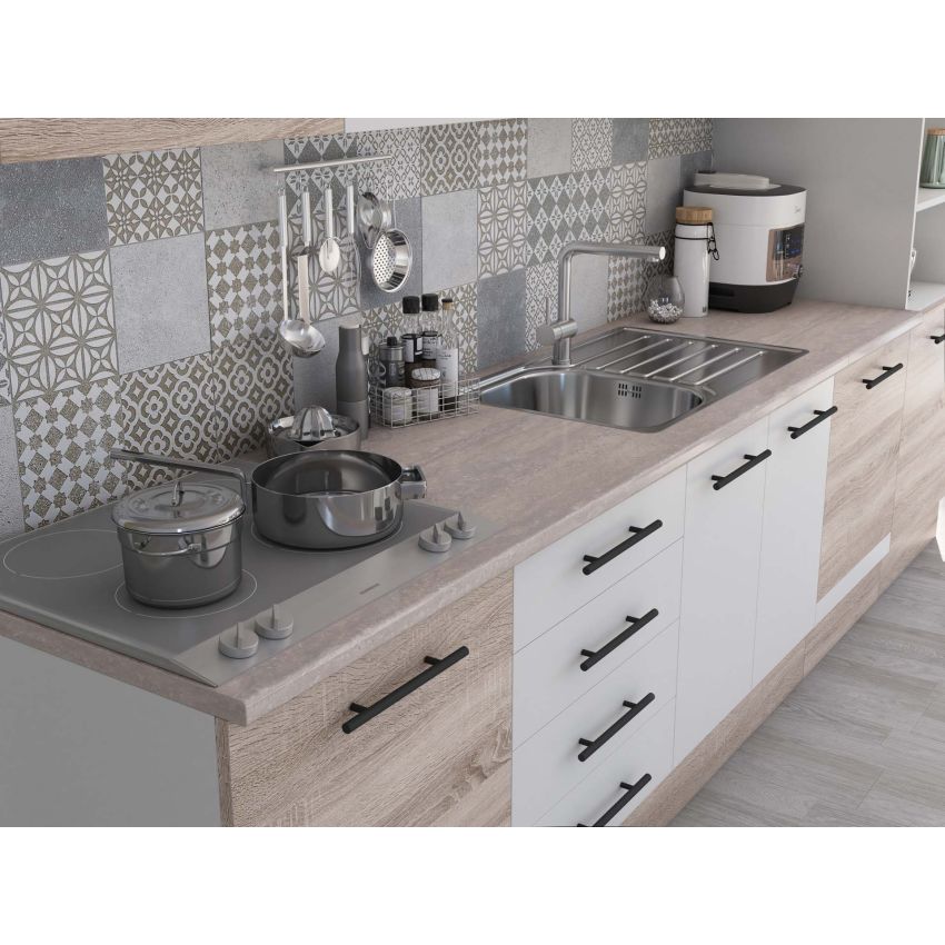 Bucatarie Alfa 320, alb/sonoma, blat termic travertin, corp pentru cuptor incorporabil