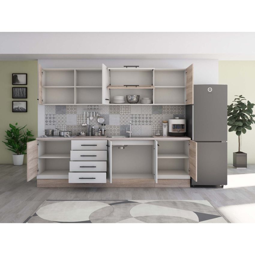 Bucatarie Alfa 260, Cu vitrina, Alb/Sonoma, Blat termic travertin