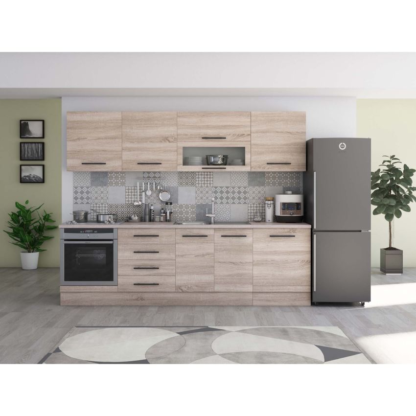 Bucatarie Alfa 260, Cu vitrina, Sonoma, Blat termic travertin