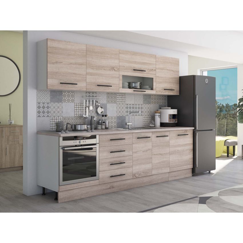 Bucatarie Alfa 260, Cu vitrina, Sonoma, Blat termic travertin