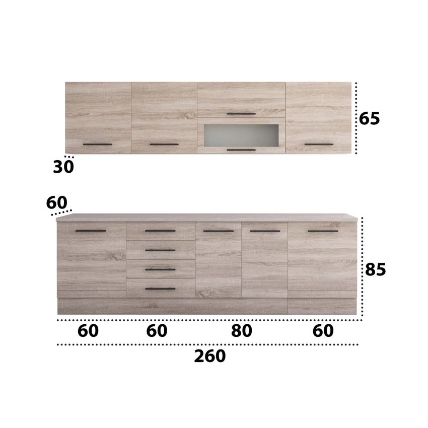 Bucatarie Alfa 260, Cu vitrina, Sonoma, Blat termic travertin