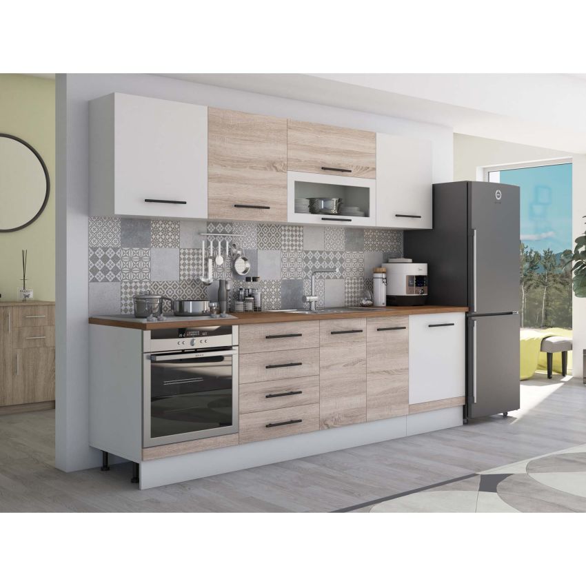 Bucatarie Alfa 260, Cu vitrina, Sonoma/Alb, Blat termic nuc
