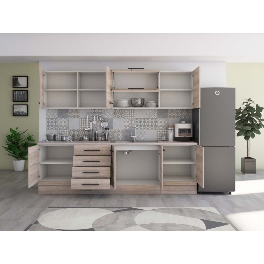 Bucatarie Alfa 260, Cu vitrina, Sonoma, Blat termic travertin