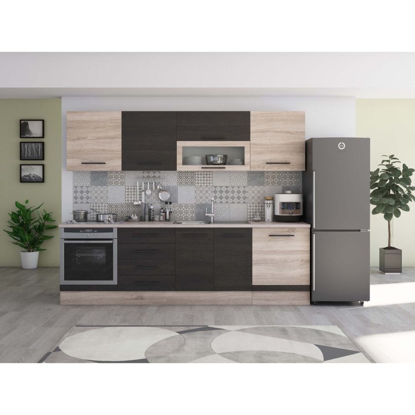 Bucatarie Alfa 260, Cu vitrina, Wenge/Sonoma, Blat termic travertin