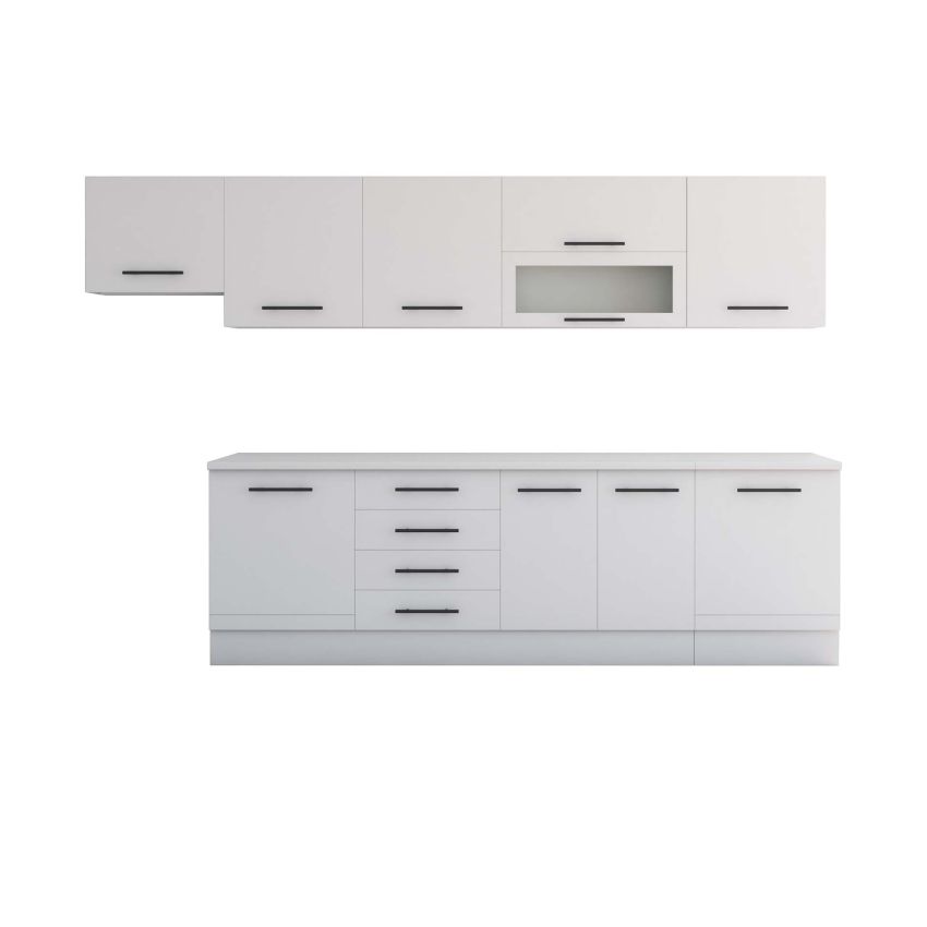 Bucatarie Alfa 320, alb, blat termic alb, corp hota