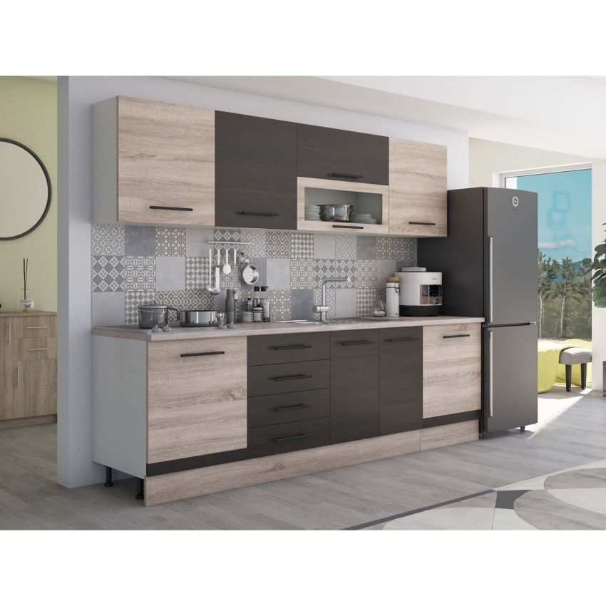 Bucatarie Alfa 260, Cu vitrina, Wenge/Sonoma, Blat termic travertin