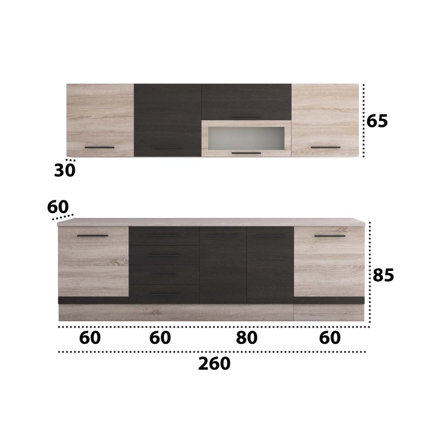 Bucatarie Alfa 260, Cu vitrina, Wenge/Sonoma, Blat termic travertin