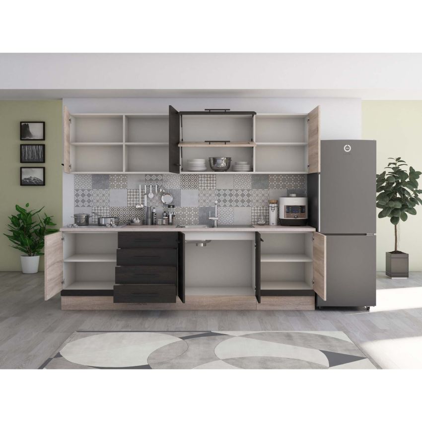 Bucatarie Alfa 260, Cu vitrina, Wenge/Sonoma, Blat termic travertin