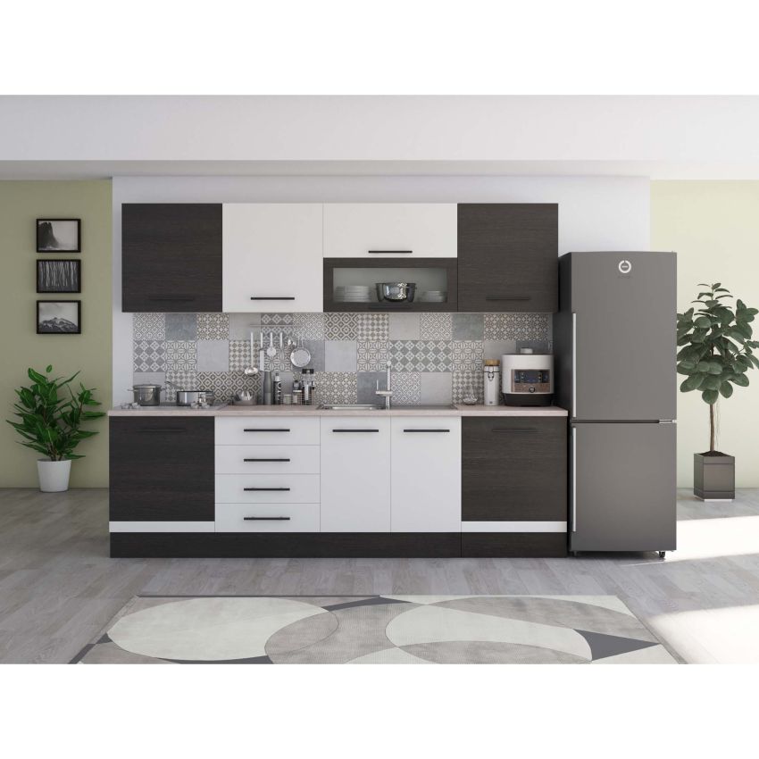 Bucatarie Alfa 260, Cu vitrina, Alb, Blat termic travertin