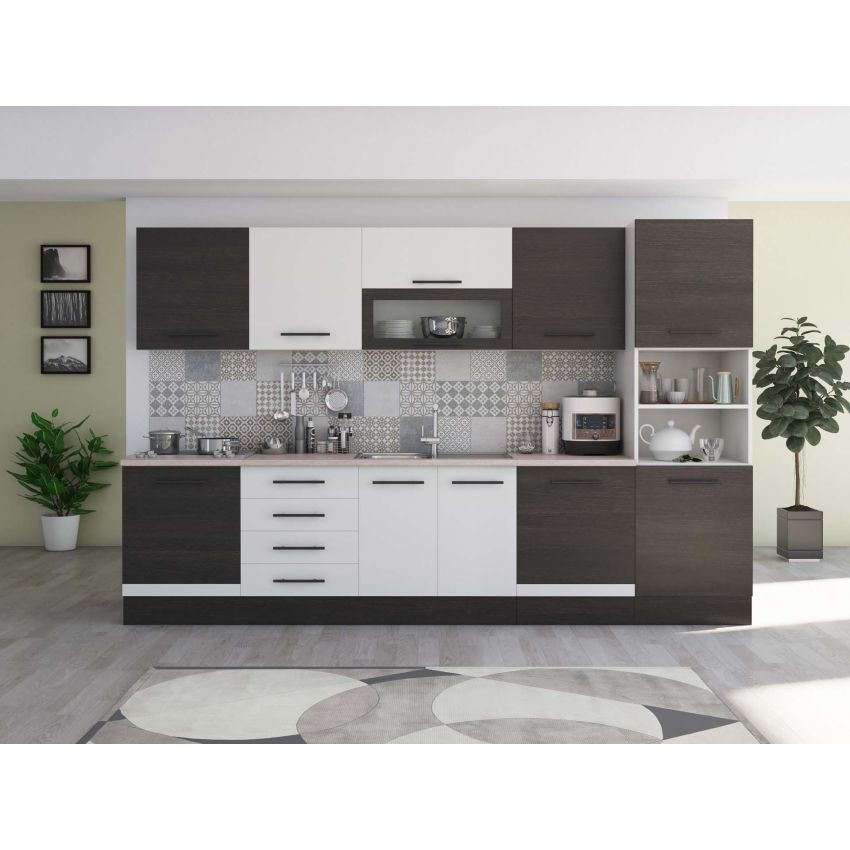 Bucatarie Alfa 320, alb, blat termic travertin, corp pentru cuptor incorporabil