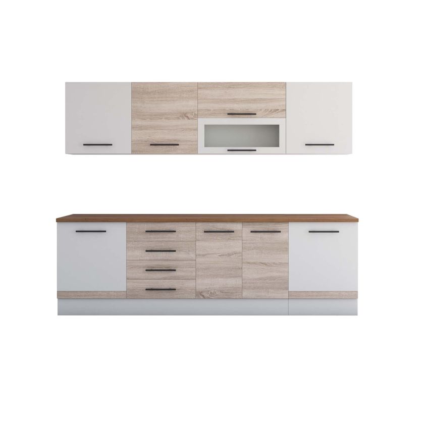 Bucatarie Alfa 260, Cu vitrina, Sonoma/Alb, Blat termic nuc