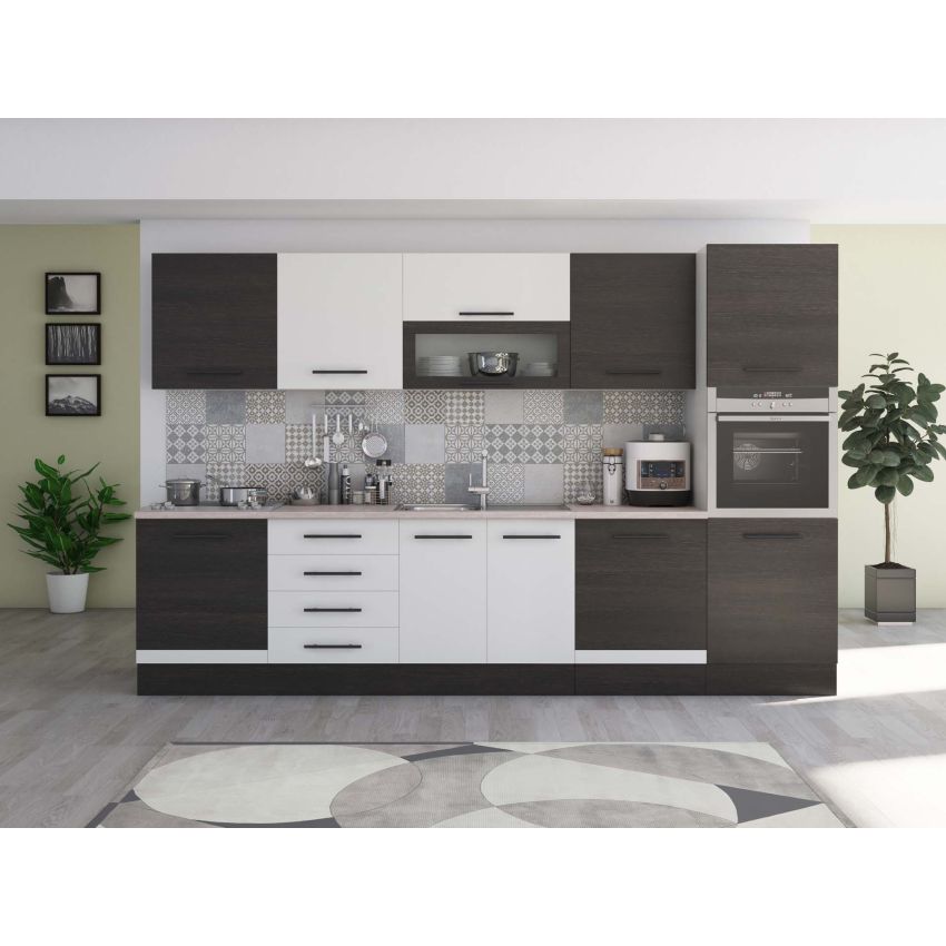 Bucatarie Alfa 320, alb/wenge, blat termic travertin, corp pentru cuptor incorporabil