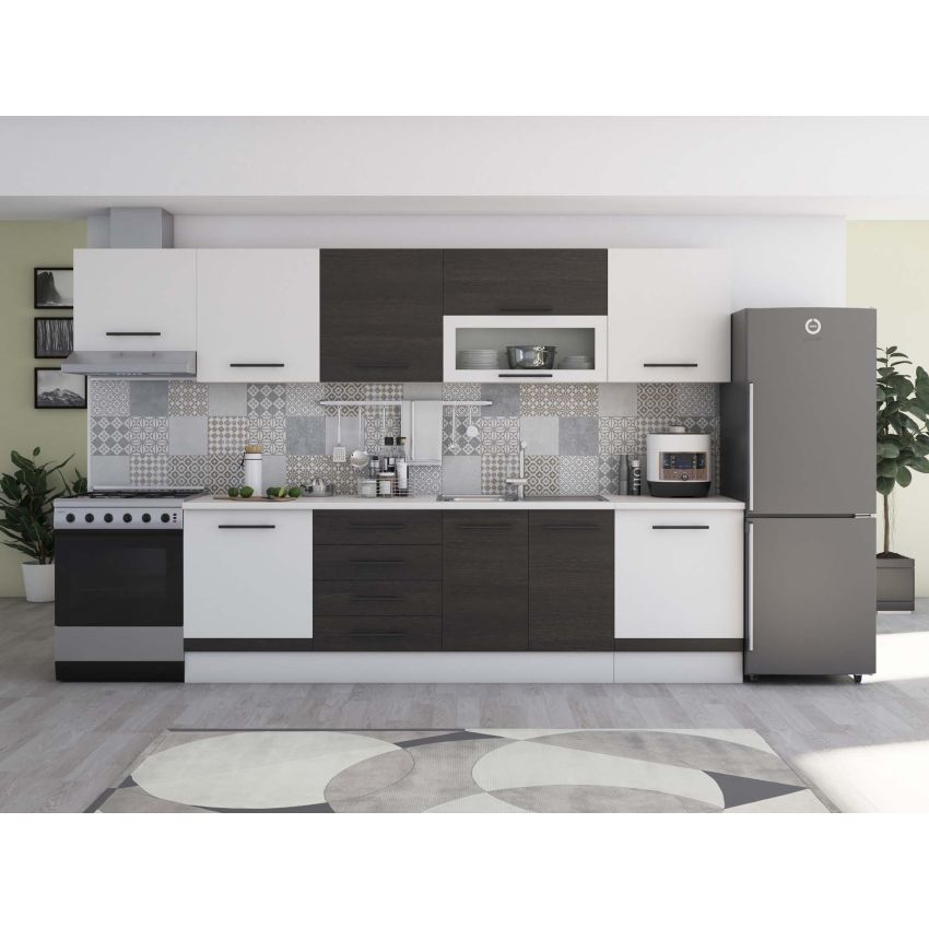 Bucatarie Alfa 320, alb/sonoma, blat termic alb, corp hota